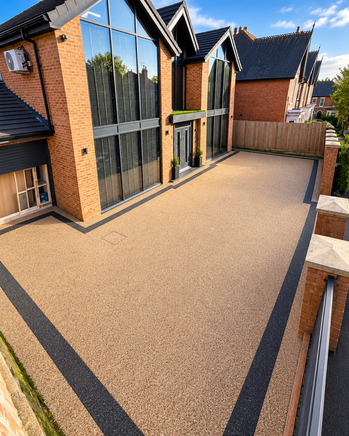 Golden resin driveway with a precise dark border beside a contemporary home