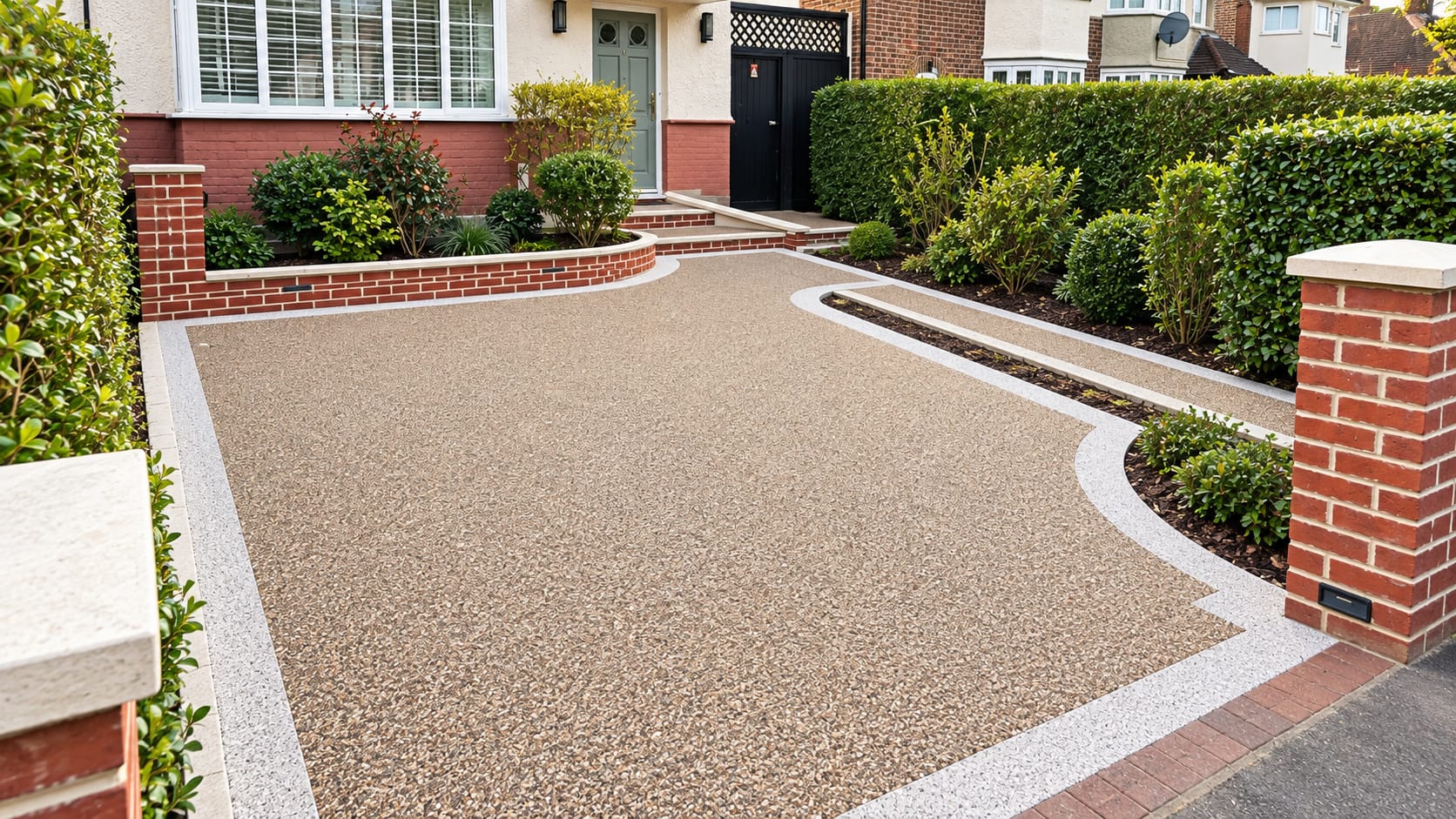Natural-toned resin driveway with curved white edging