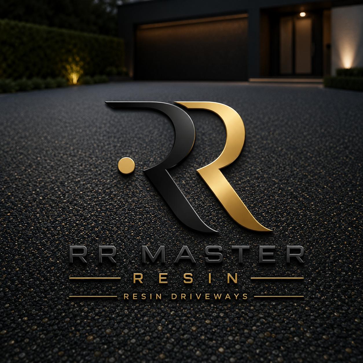RR MASTER RESIN black and gold logo on a resin driveway